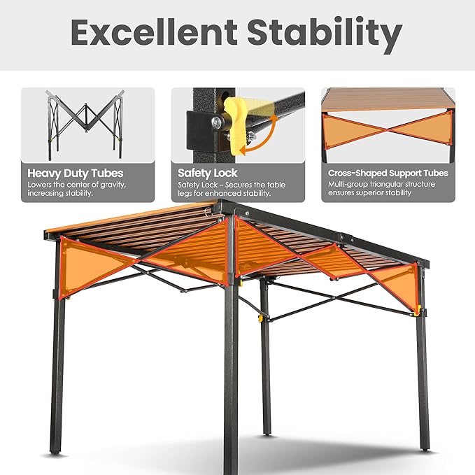 Large 46.4" Camping Table for 2-6 People - 220lbs Capacity Heavy Duty Foldable Outdoor Table with Aluminum Roll-Up Top & Carry Bag, Portable Picnic Desk for BBQ, Tailgating, Backyard (Natural)-VerdiqueGarden