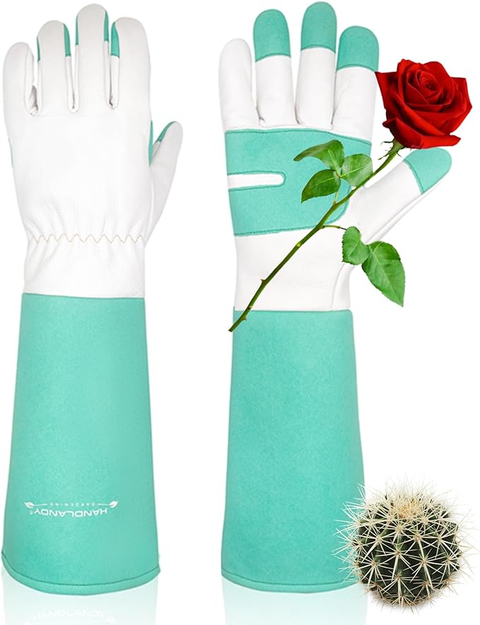 HANDLANDY Long Gardening Gloves for Men & Women, Thorn Proof Rose Pruning Gloves Leather Gauntlets Garden Glove Yard Work Glove (Small, Green)-VerdiqueGarden