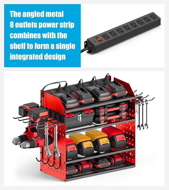 CCCEI Modular Desk Power Tools Organizer with Charging Station, 4 Layer Drills Battery Storage Wall Mount, Garage Shop Organization, Anniversary, Birthday, Gifts for Men, Father, Red, 10FT Cord.-VerdiqueGarden