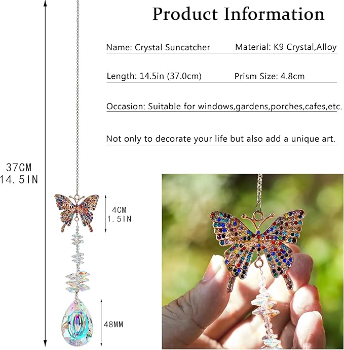Suncatcher with Crystals,Colorful Crystal Butterfly Rhinestones Suncatcher Window Hanging,Crystal Prism Hanging Ornament,Rainbow Maker Decoration for Home, Garden, Wedding, Party & Christmas-VerdiqueGarden