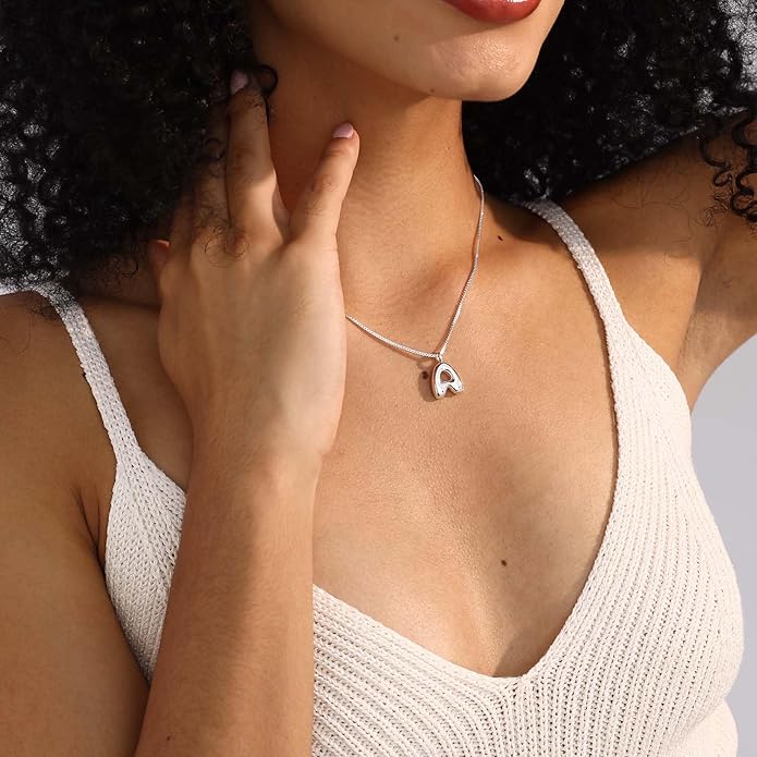 Bubble Gold Silver Letter Necklace Initial Necklaces for Women Trendy 14K Dainty Charm Pendant Name Necklace Personalized Jewelry Gift for Women Teen