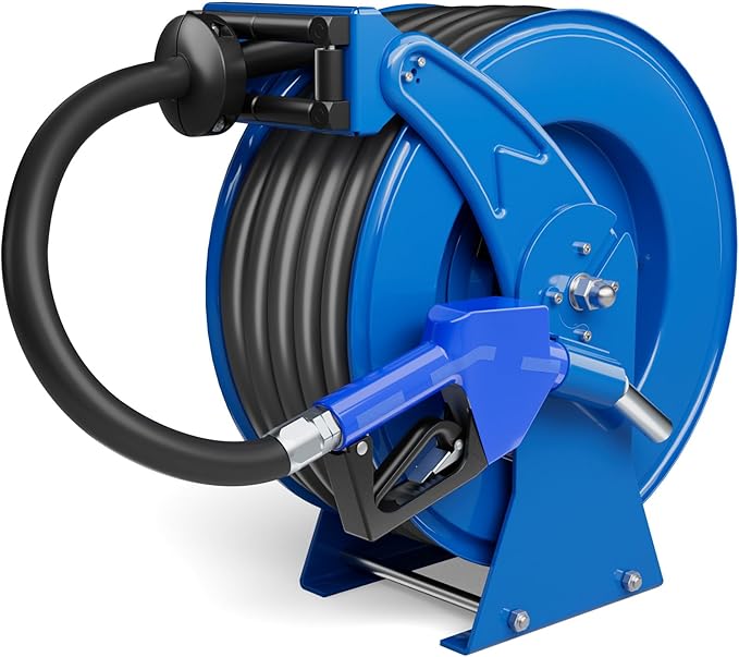 Fuel Hose Reel Retractable with Fueling Nozzle, 3/4" x 50" Heavy Duty Steel, 300PSI Industrial Auto Swivel, Spring Driven Diesel Hose Reel for Construction Farm Ship Vehicle Tank, Blue-VerdiqueGarden