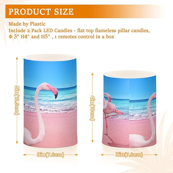 Flickering Flameless Candles, Pink Flamingo on Beach LED Candles with Remote Timer, Set of 2 Battery Operated Candle for Valentine Wedding Birthday-VerdiqueGarden