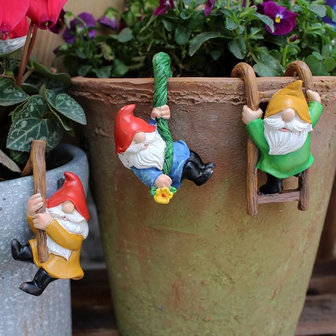 Set of 3 Garden Gnome Statues for Plant Pots Whimsical Climbing Dwarf Figurines Outdoor Garden, Patio, and Home Decor (A)-VerdiqueGarden
