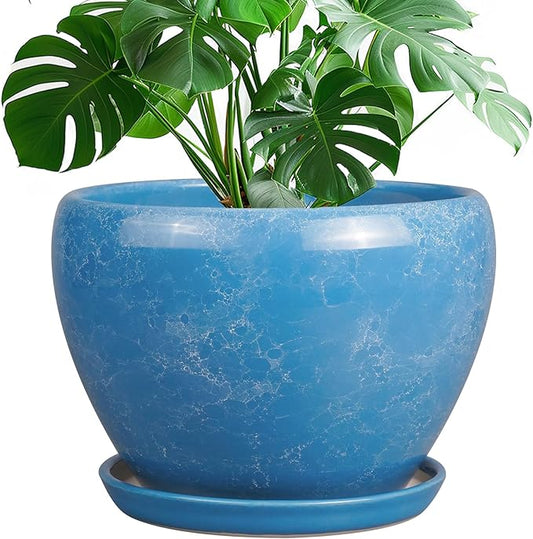 10 Inch Planter Pot - Ceramic Pots for Plants with Drainage Hole and Saucer, Round Large Flower Pot for Indoor Plants, Blue-VerdiqueGarden
