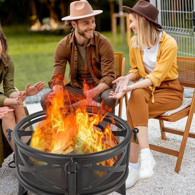 Breezz 26 Inch Wood Burning Fire Pit with Cooking Grill and Spark Screen, Outdoor Metal Round Firepit for Patio, Backyard, Bonfire Party, Camping-VerdiqueGarden