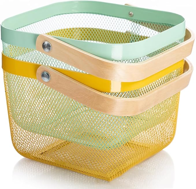 Metal Mesh Steel Basket, Storage Organizer Basket Multi-functional Hanging Kitchen Baskets Fruit Basket with Wooden Handle for Kitchen Bathroom Picnic Shopping Decor Cabinet Home, Macaron Blue-VerdiqueGarden