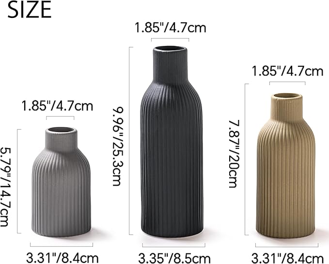 Ceramic Vase Set of 3, Flower Vases for Spring Room Decor, Kitchen Farmhouse, Modern Boho Style(Khaki/Black/Grey)-VerdiqueGarden