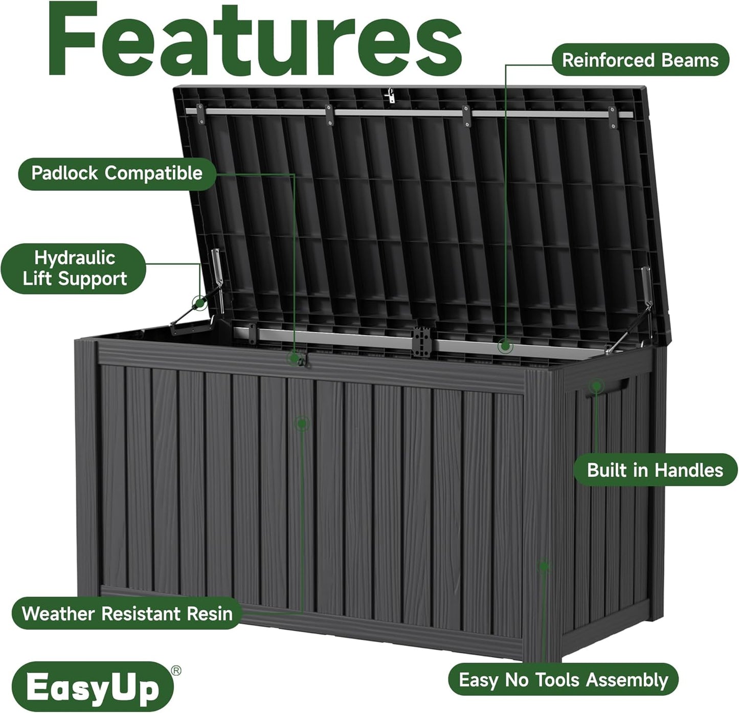 150 Gallon Outdoor Storage Box Waterproof, UV Resistant Resin Deck Box with Hydraulic Rod, Reinforced Stability for Patio, Garden, and Pool, Striped Black-VerdiqueGarden