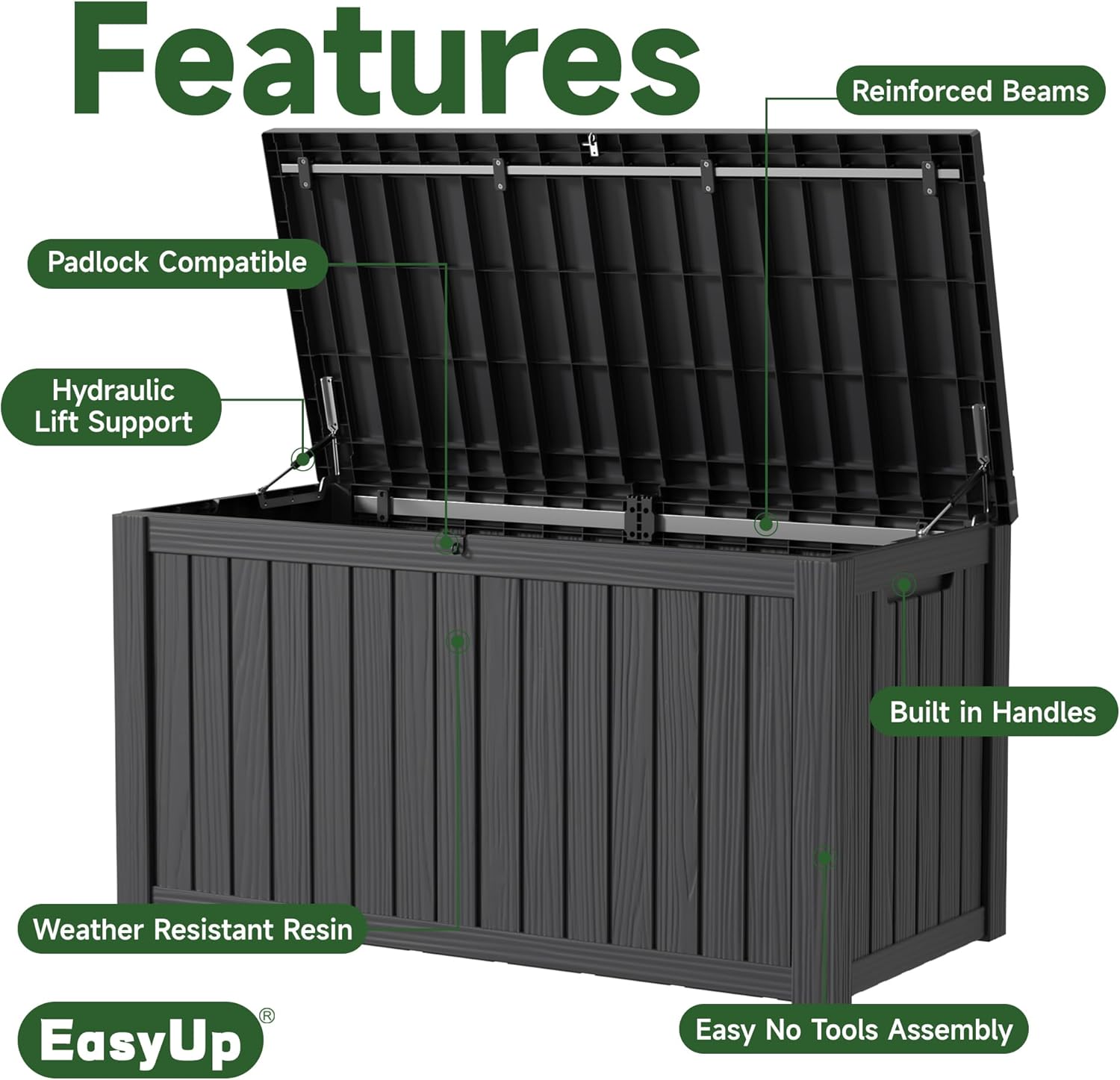 150 Gallon Outdoor Storage Box Waterproof, UV Resistant Resin Deck Box with Hydraulic Rod, Reinforced Stability for Patio, Garden, and Pool, Striped Black-VerdiqueGarden