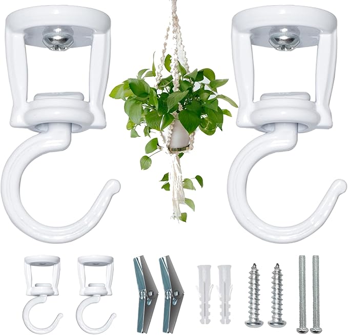 Ceiling Hooks for Hanging Plants (2 PCS),White, Heavy Duty Metal Plant Hooks for Ceilings, Screw-in Hooks for Hanging Birdfeeders, Lamps, Planters, Outdoor Decorative Hooks up to 33 lbs.-VerdiqueGarden