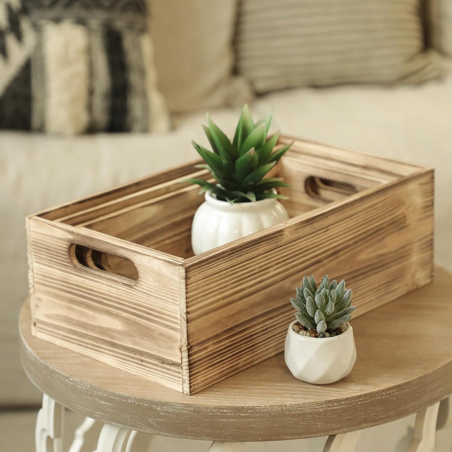 Wooden Boxes, Large Wooden Crates Set of 3 Vintage Torched Brown Wood Storage Crates for Display Home Party Office Bedroom Kitchen Closet-VerdiqueGarden