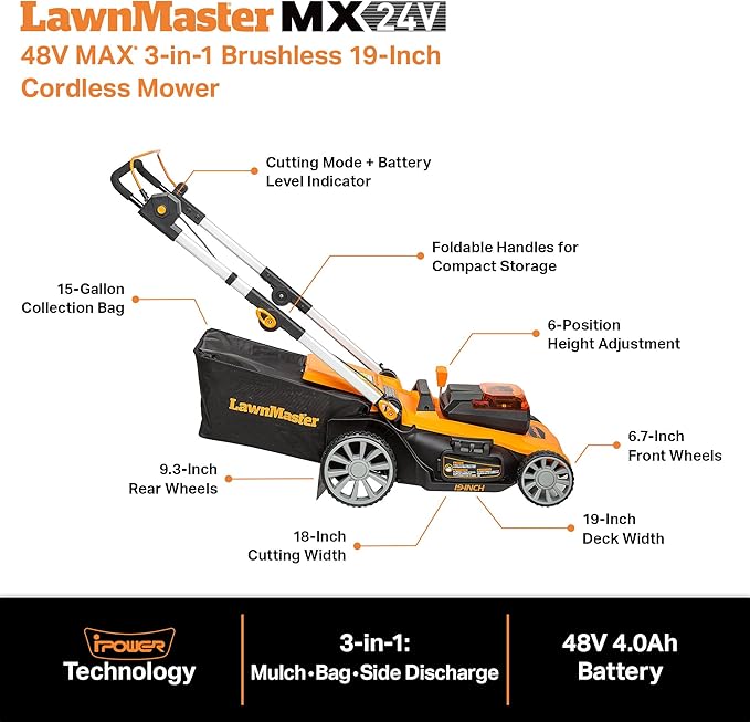 LawnMaster CLMF4819A 48V MAX* 19-inch Brushless Cordless Mower with 2X24V MAX* 4.0Ah Battery and a Dual Charger-VerdiqueGarden