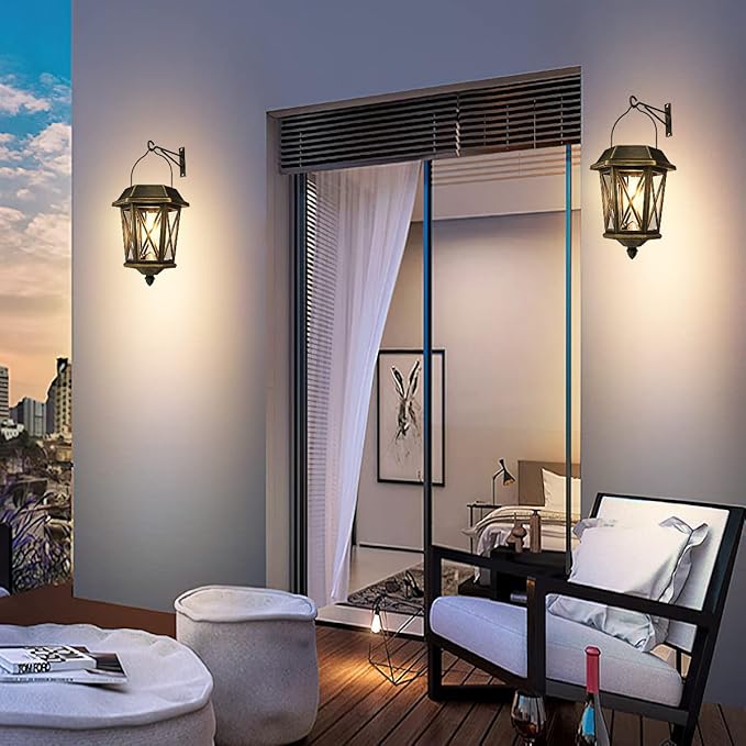 Solar Lantern Outdoor Waterproof, Metal Solar Lights Outdoor with Clear Glass, LED Solar Powered Lights Wall Mount for Yard Garden Wall Outdoor, Bronze - 2 Pack-VerdiqueGarden