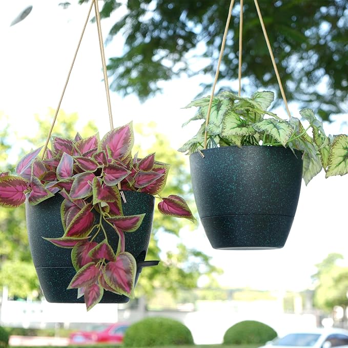 10 Inch Self Watering Hanging Pots, 2 Pack Hanging Planters with 40oZ Deep Reservior for Indoor Outdoor Plants Flowers, Black Speckles-VerdiqueGarden