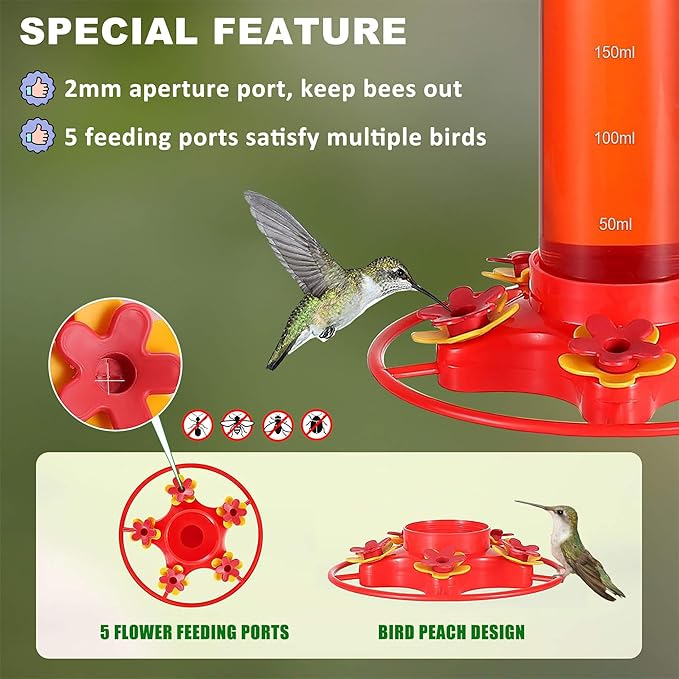 Hummingbird Feeders for Outdoors Hanging (2 Pack) 5 Feeding Ports 320 ml Plastic Hummingbird Feeder, Bee-Proof Leak-Proof No Drip, Easy to Clean with Cleaning Brush-VerdiqueGarden
