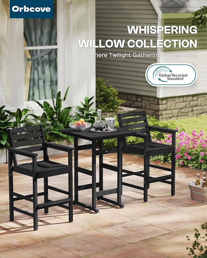 Tall Adirondack Chairs Set of 2, HDPE Wood Balcony Adirondack Chairs Set with Heart Cutout Design, Weather-Resistant Bar Height Furniture for Deck, Porch, Pool (Black)-VerdiqueGarden