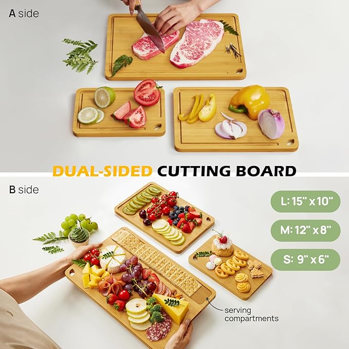 Wood Cutting Board for Kitchen - Reversible Bamboo Cutting Boards Gift Set of 3 with Juice Groove, Wooden Chopping Board for Meat, Fruit, Vegetables & Cheese (Pre Oiled, Natural)-VerdiqueGarden