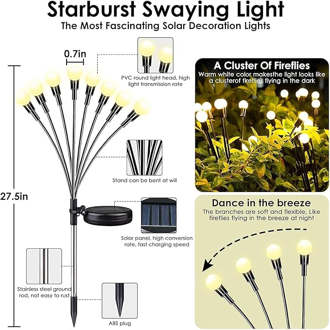 OZS 12Pack Total 96LED Solar Garden Lights - Solar Lights Outdoor, Solar Firefly Lights, Solar Swaying Light, Sway by Wind, Solar Lights Waterproof for Garden Patio Pathway Decoration(Warm White)-VerdiqueGarden