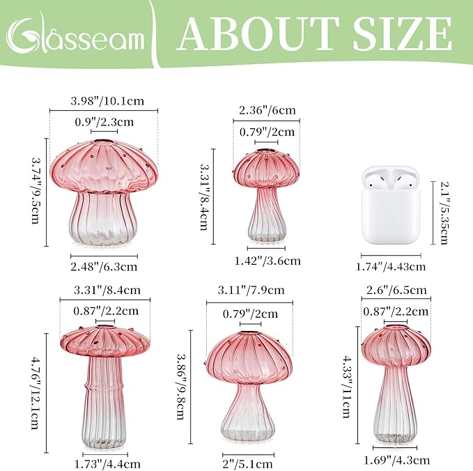 Glasseam Mushroom Plant Propagation Stations: Pink Glass Terrarium Jar Set of 10 Cute Planters for Indoor Plants Mini Propagate Station Unique Christmas Birthday Gifts for Women Home Office Decor-VerdiqueGarden