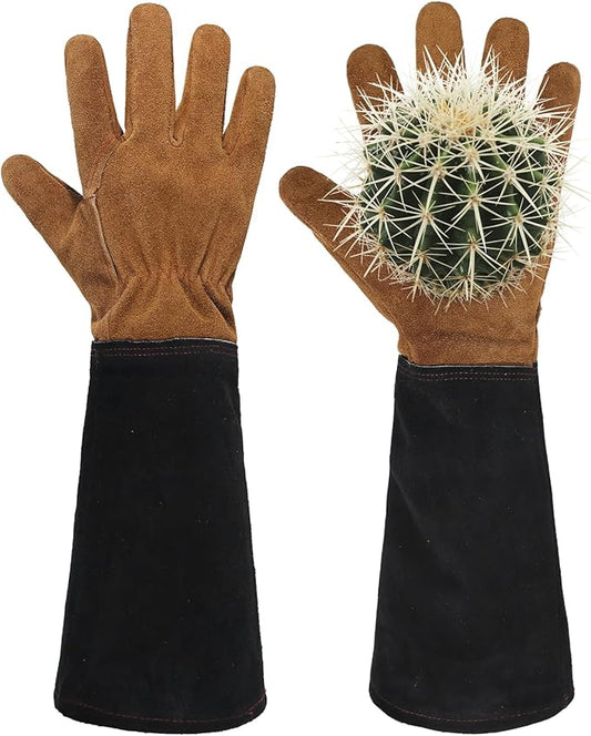 HANDLANDY Leather Gardening Gloves for Men & Women, Rose Pruning Thorn Proof Garden Glove, Long Sleeve Gauntlet Gloves (Black-brown, X-Large (Pack of 1))-VerdiqueGarden