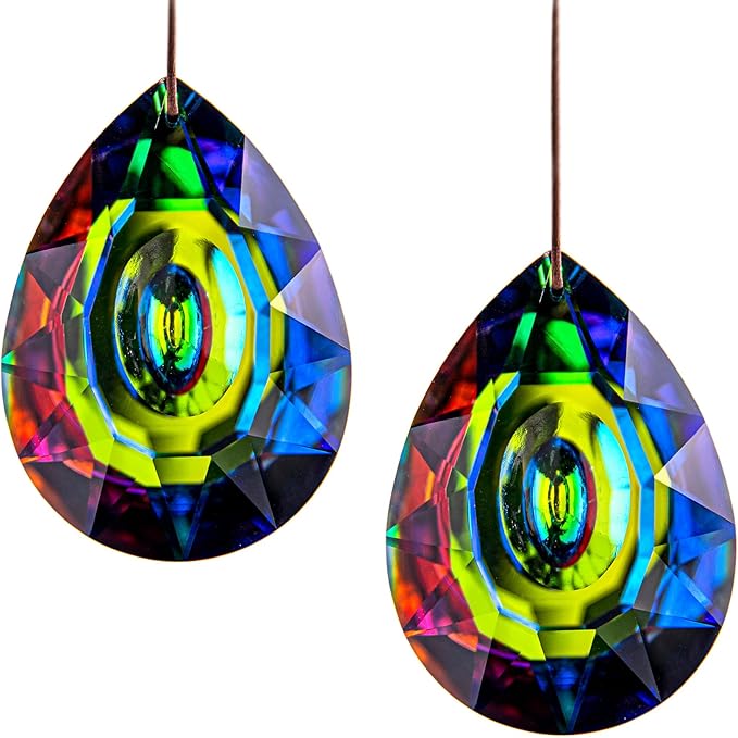 HDCRYSTALGIFTS 2PCS 76mm Crystal Prisms Suncatchers Hanging Ornament for Window, Chandelier Lamp Drops Pendant Rainbow Maker Home Garden Decoration (Single Face Colorful)-VerdiqueGarden