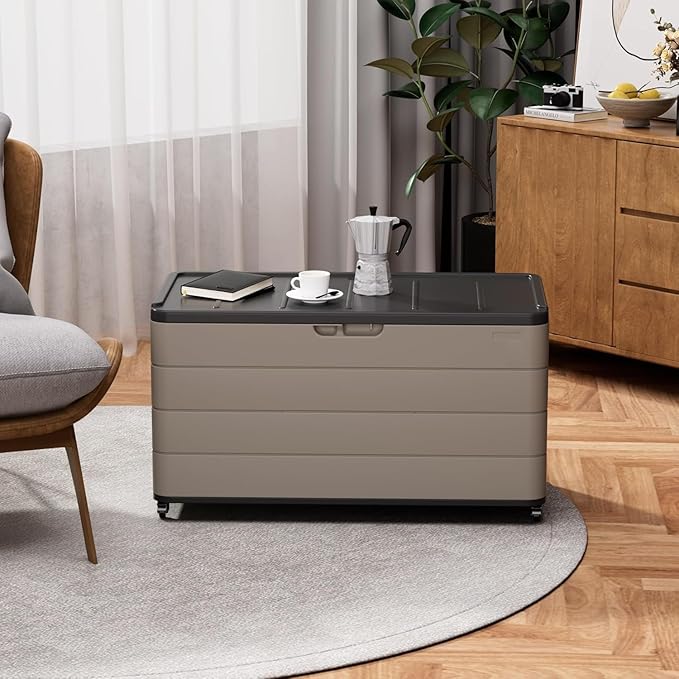 100GAL Brown Wicker-Textured Deck Box with Wheels – Lockable, Waterproof, UV-Resistant, Spacious Storage for Patio & Garden Supplies, Easy Handling-VerdiqueGarden