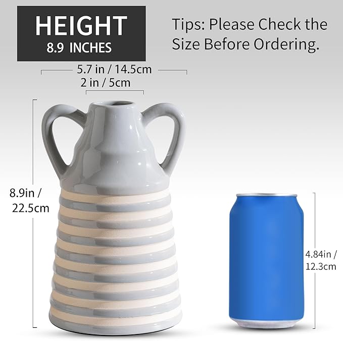 Ceramic Grey and White Checkered Stripes Vase with Handles, Hand-Painted Modern Bohemian Floral Vases Home Decor, Cottage Core Decor, Flower Vases for Bouquet Tabletop Bedroom Office Bookshelf 8.9 in-VerdiqueGarden