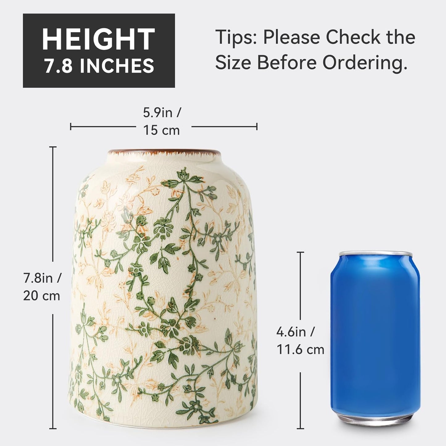 Green Vintage Vase, Chinoiserie Floral Vases, Retro Ice Cracked Ceramic Large Vases for Home Decors, Living Room, Bookshelf, Office, Grand Millennial Decor, Chinoiserie Decors, Tuscan Decor 7.8 Inch-VerdiqueGarden