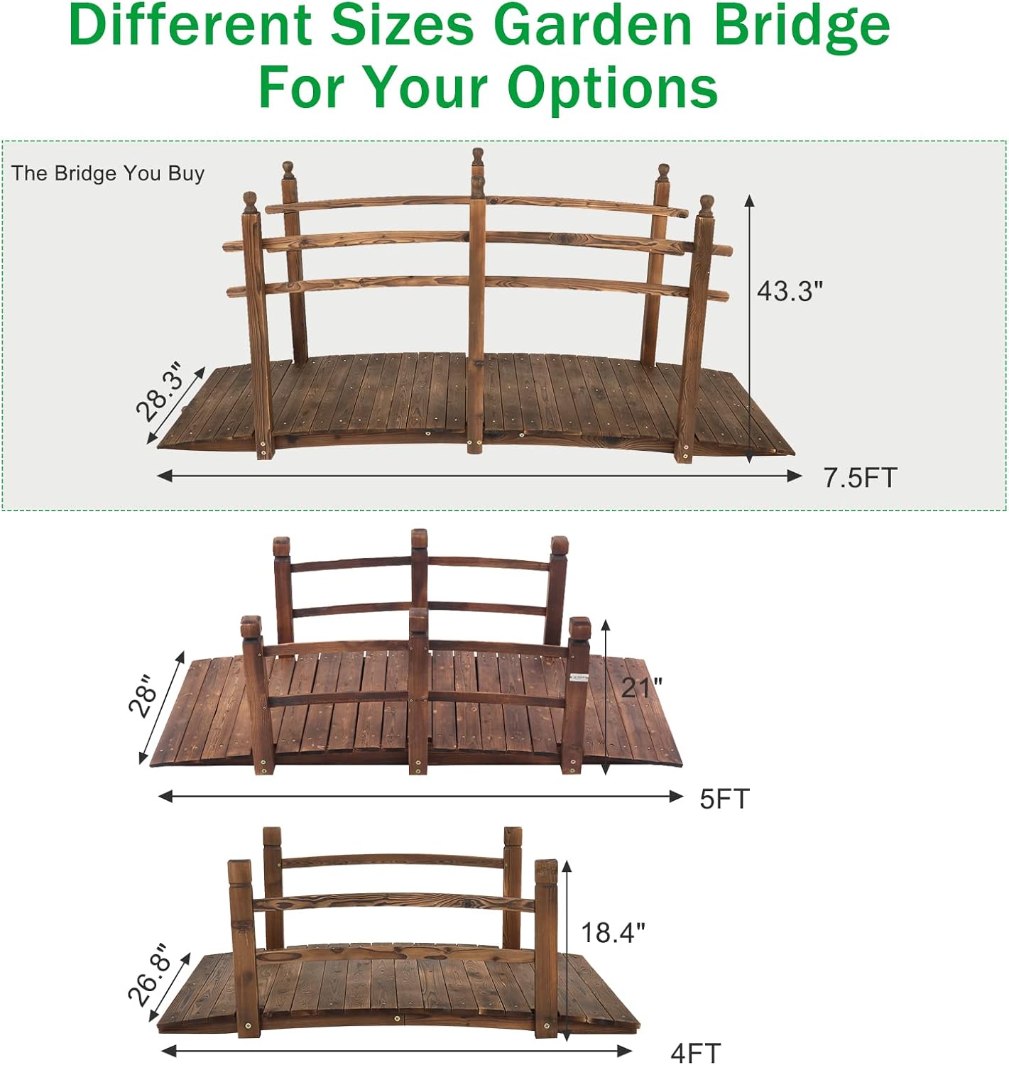 VINGLI 7.5 ft Garden Bridge, Arch Walkway Wooden Bridge with Safety Rails Stained Finished, Decorative Landscaping Footbridge for Koi Pond, Dry Creek Bed, Garden Pathway or Rustic Wedding Decor-VerdiqueGarden