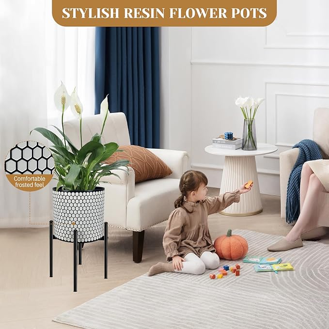 12 Inch Flower Pot Without Bracket with Drainage Holes Suitable for Indoor and Outdoor Decorative Planting (Black White Hexagon, 12 Inches)-VerdiqueGarden