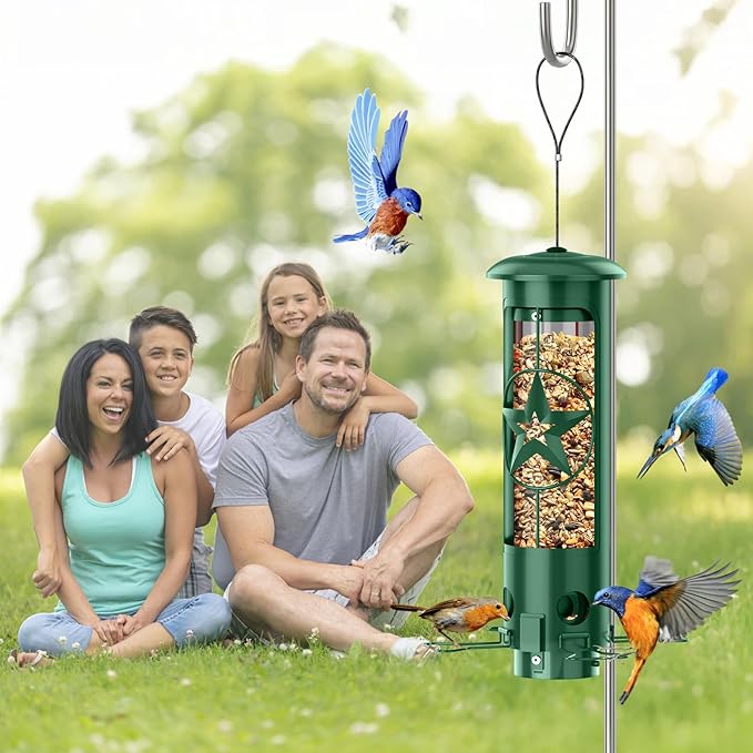 Squirrel Proof Bird Feeders for Outdoors Hanging, Metal Squirrel Proof Bird Feeder with Gravity Protection, 3LB Large Capacity Wild Bird Feeders for Outside Finch, Cardinal, Blue Jay (Green)-VerdiqueGarden