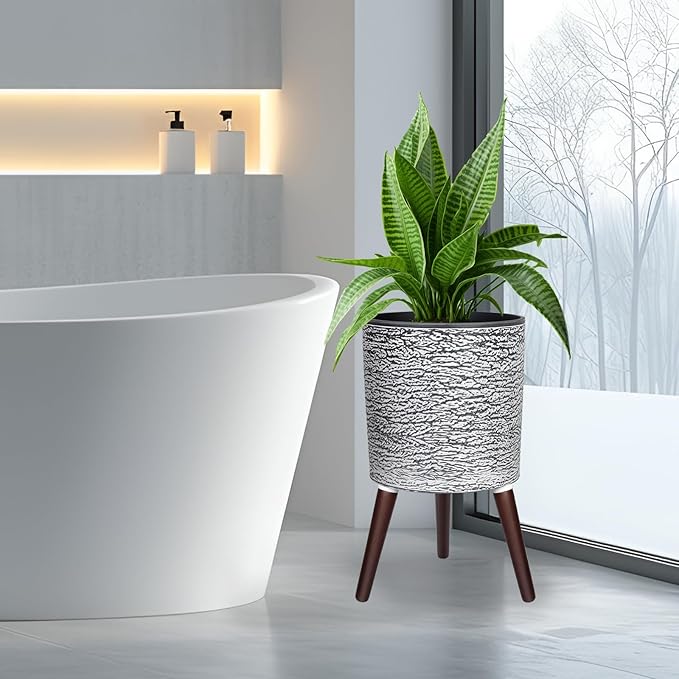 12 Inches Plant Pots with Stand Mid Century Flower Pots with Wood Legs Large Mode Cylinder Planter with Drainage Holes for Indoor Plants,Garden,Decorative-Grey-VerdiqueGarden