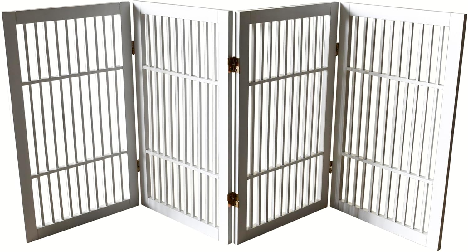Pet Dog Gate Strong and Durable Freestanding Folding Acacia Hardwood Portable Wooden Fence Indoors or Outdoors by Urnporium (White Pet Gate, 4 Panel 30" Tall)-VerdiqueGarden