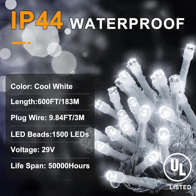 KNONEW 600ft 1500 LED Christmas String Lights Outdoor Green Wire 8 Modes & Timer Fairy Light Plug in Waterproof Patio Lights for Xmas Yard Tree Wedding Party Holiday Decorations (Cool White)-VerdiqueGarden