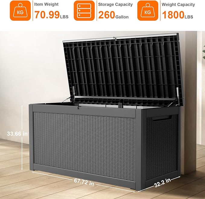260 Gallon Resin Deck Box, Lockable Patio Outdoor Storage Box for Furniture, Garden Tools and Tools Storage, Waterproof Outside Storage Boxes - Black-VerdiqueGarden