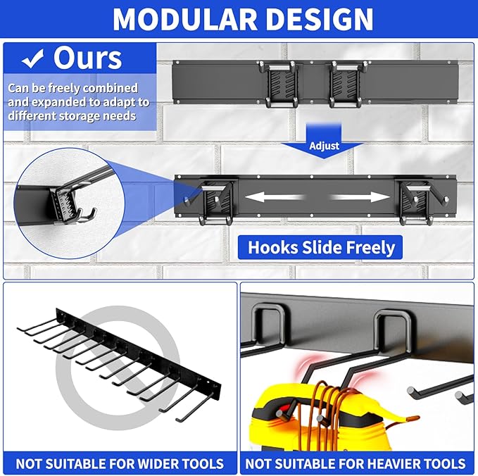Garage Organization Tool Organizer Wall Mount, 48inch Heavy Duty Garden Tool organizer Storage System, Easy Install With 6 Adjustable Bilayer Hooks, For Garage, Basement, Shed, Workshop(Black)-VerdiqueGarden
