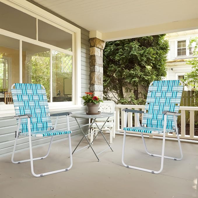 VINGLI Patio Lawn Webbed Folding Chairs Set of 4, Outdoor Beach Chair Portable Dining Chair for Outdoor Yard, Garden (White & Blue, Classic)-VerdiqueGarden