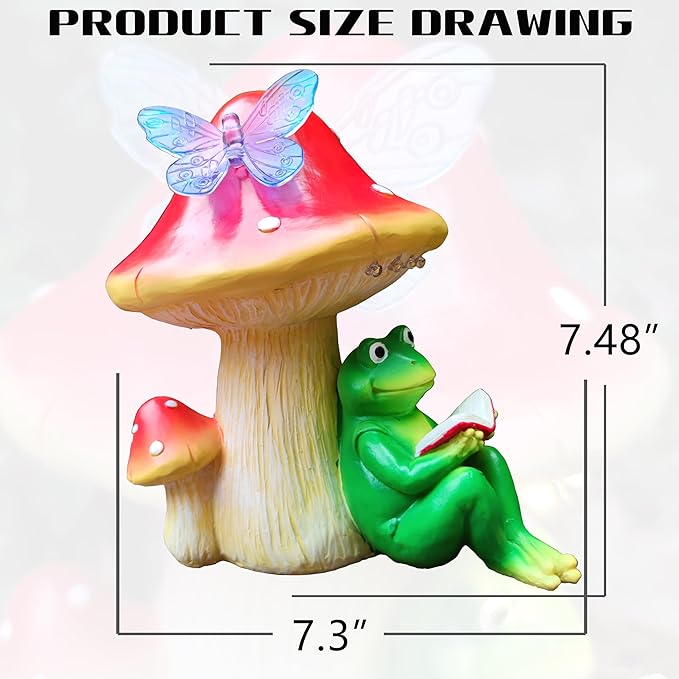 Solar Frog Mushroom Garden Statues,Resin Frog Mushroom Reading a Book Figurine with LED Solar Lights, Lawn Decor Outdoor Statue for Patio,Balcony,Yard,Lawn Ornament-VerdiqueGarden