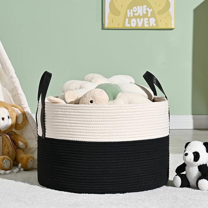 KAKAMAY Large Blanket Basket (20"x13"),Woven Baskets for storage Baby Laundry Hamper, Cotton Rope Blanket Basket for Living Room, Laundry, Nursery, Pillows, Baby Toy chest (White/Black)-VerdiqueGarden