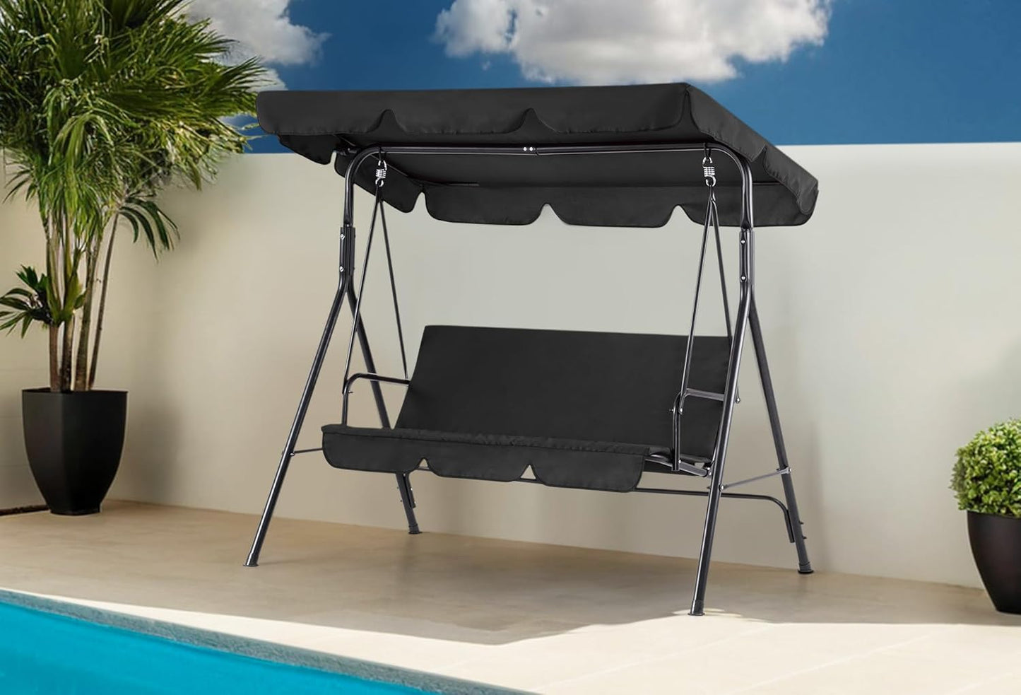 MCombo 2-3 Person Outdoor Patio Swing Chair, Convertible Canopy Hanging Swing Glider Lounge Chair, Removable Cushions, 4003 (Black)-VerdiqueGarden