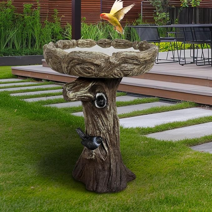 SKYFIRE 23” Tall Fibre Reinforced Concrete Birdbaths with Birds for Patio, Woodland Tree Trunk Decorative Outdoor Bird Bath for Garden，Pedestal Birdbaths for Outdoors, Garden, Patio, Lawn, Backyard-VerdiqueGarden