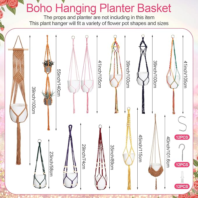 Hoteam 12 Pcs Macrame Plant Hangers Macrame Hanging Planters for Indoor Plants Handmade Boho Hanging Baskets Flower Pots Holder for Outdoor Home Wall Decor-VerdiqueGarden