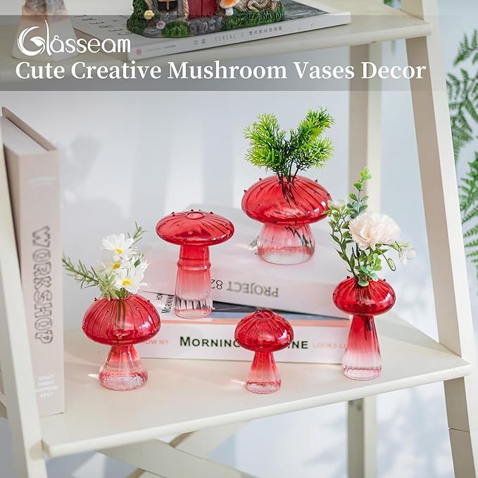 Glasseam Mushroom Plant Propagation Stations: Red Glass Terrarium Jar Set of 10 Cute Planters for Indoor Plants Mini Propagate Station Unique Christmas Birthday Gifts for Women Home Office Decor-VerdiqueGarden