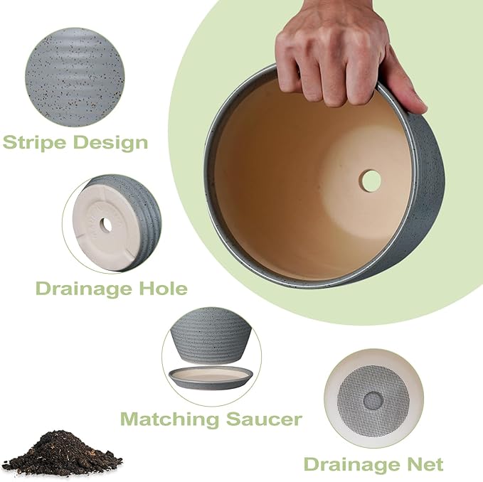 12 Inch Plant Pot, Ceramic Planter Pot with Drainage Hole and Saucer Round Large Flower Pot for Indoor Plants, Light Gray-VerdiqueGarden