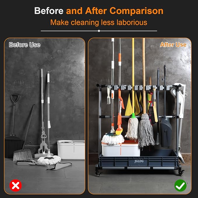 Mop and Broom Holder with Wheels - Keep Your Cleaning Tools Organized! (L)-VerdiqueGarden