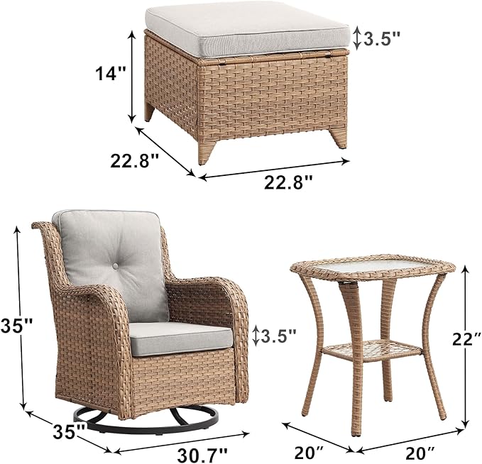 Outdoor Wicker Patio Furniture Set - 5 Pieces Rattan Patio Conversation Set with 2 Rocking Swivel Chairs,2 Ottomans and 1 Side Table for Porch Deck Backyard Garden(Yellow/Beige)-VerdiqueGarden