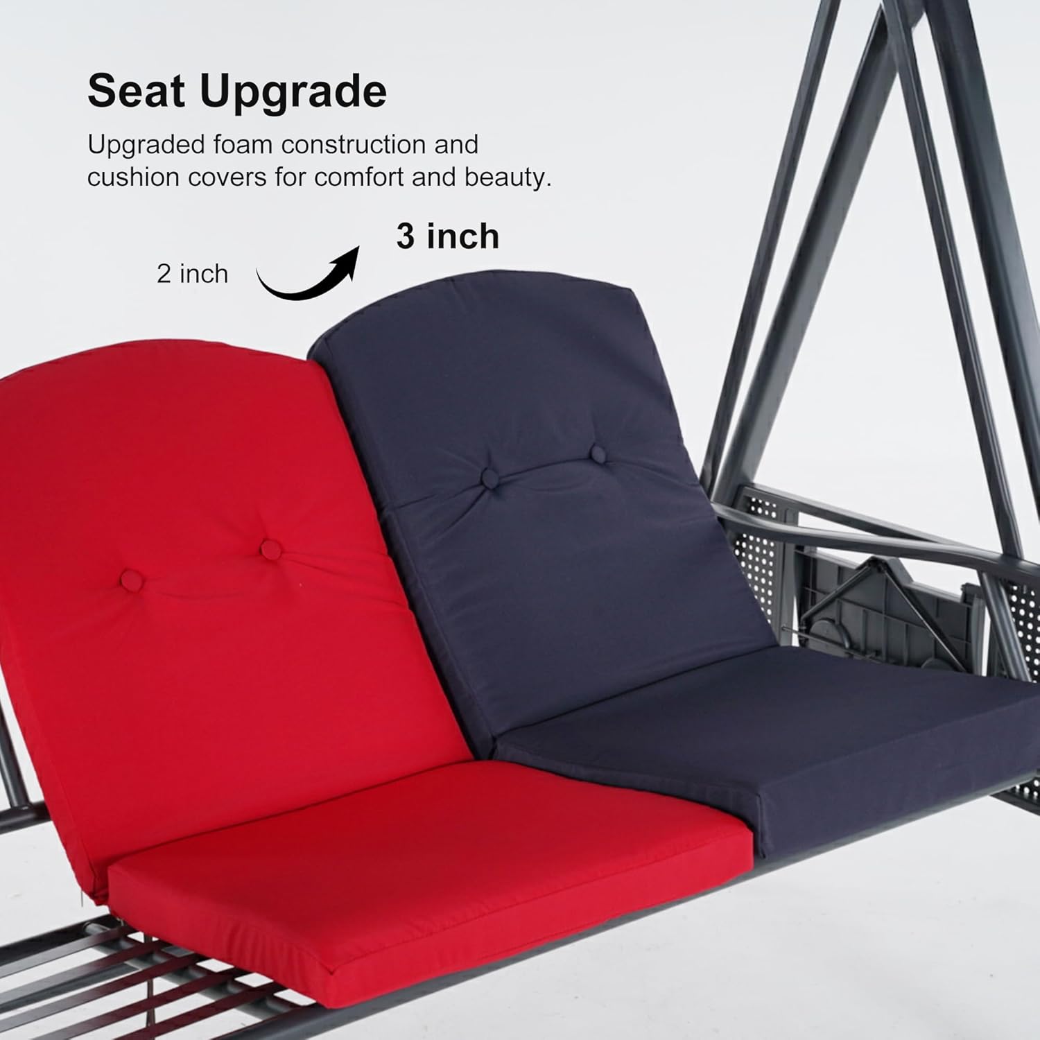 PURPLE LEAF Outdoor Patio Porch Swing with Stand, 2-seat Swing Chair with Adjustable Tilt Canopy All-Weather Steel Frame for Backyard Front Porch Lawn, Cushions and Pillow Included, Navy Blue-VerdiqueGarden