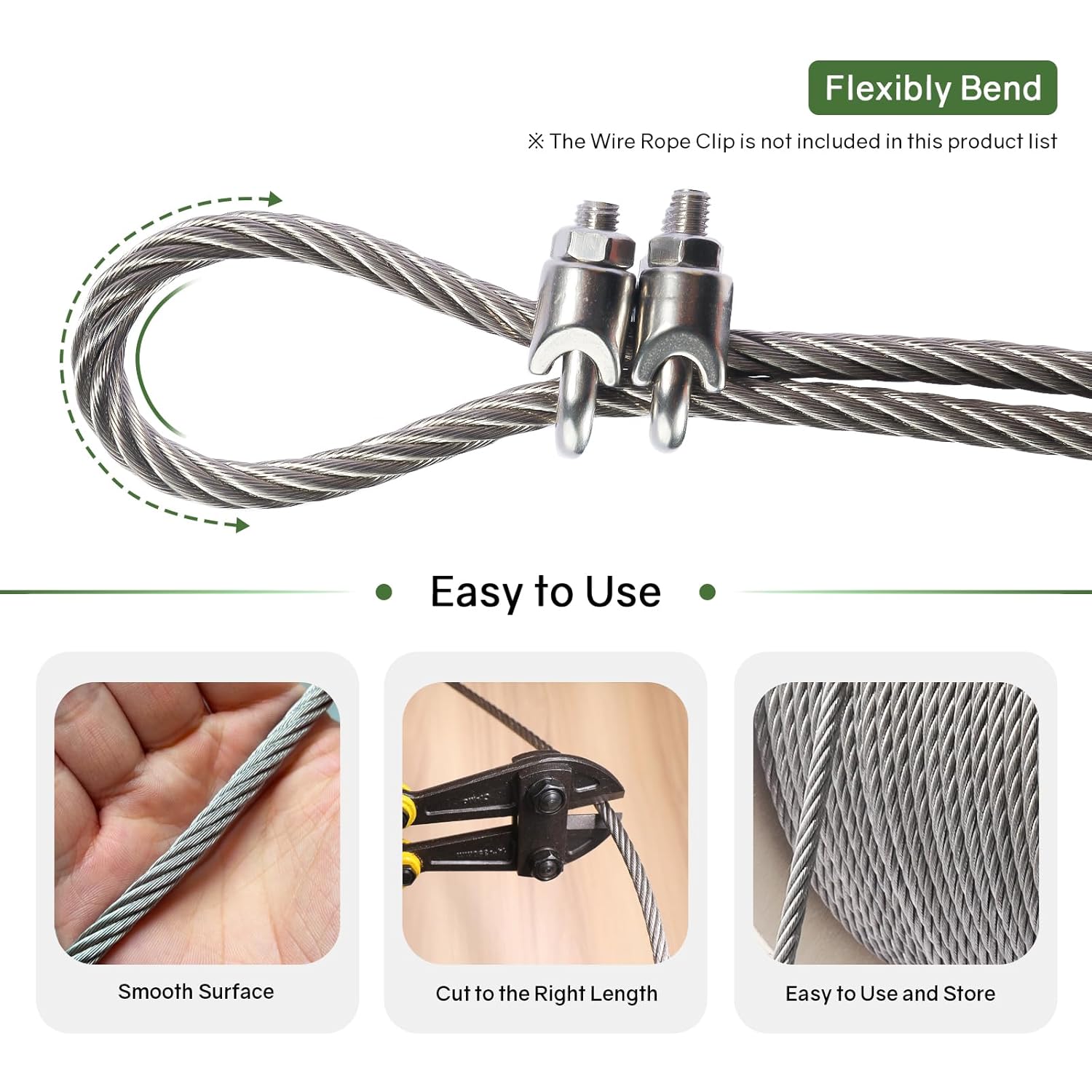 NEREUS 1/4" Stainless Steel Cable 400FT, 7x19 Strand Heavy-Duty Wire Rope, 6400 lbs Breaking Strength for Backyard Zipline, Deck Railing, Clotheslines and Outdoor Use-VerdiqueGarden