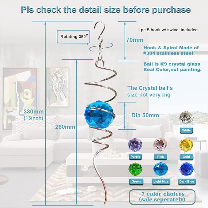 Fonmy Gazing Ball Spiral Tail -Decorative Wind Spinner Sun Catcher Rainbow Maker 11 inch Tail and 2 inch Peacock Blue Crystal Orb. Indoor Outdoor Garden Decoration -13 inch Height-VerdiqueGarden